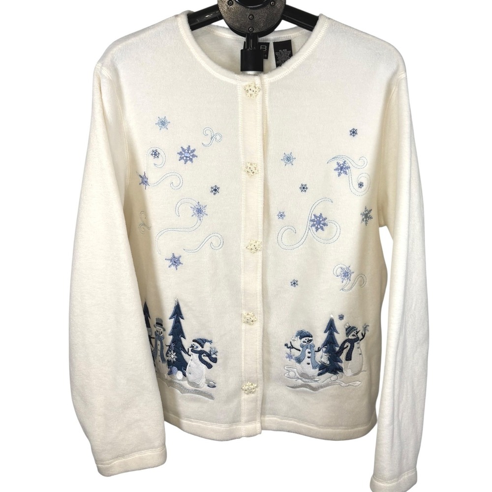 C&B Sport by Croft & Barrow Snowman‎ Fleece Cardigan Cream XL Christmas Sweater